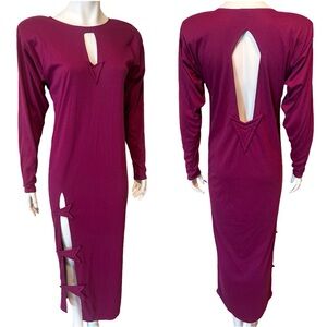 Vintage Babbitt Burgundy Bodycon Midi Dress Size Small Cutout Back & Slit Detail